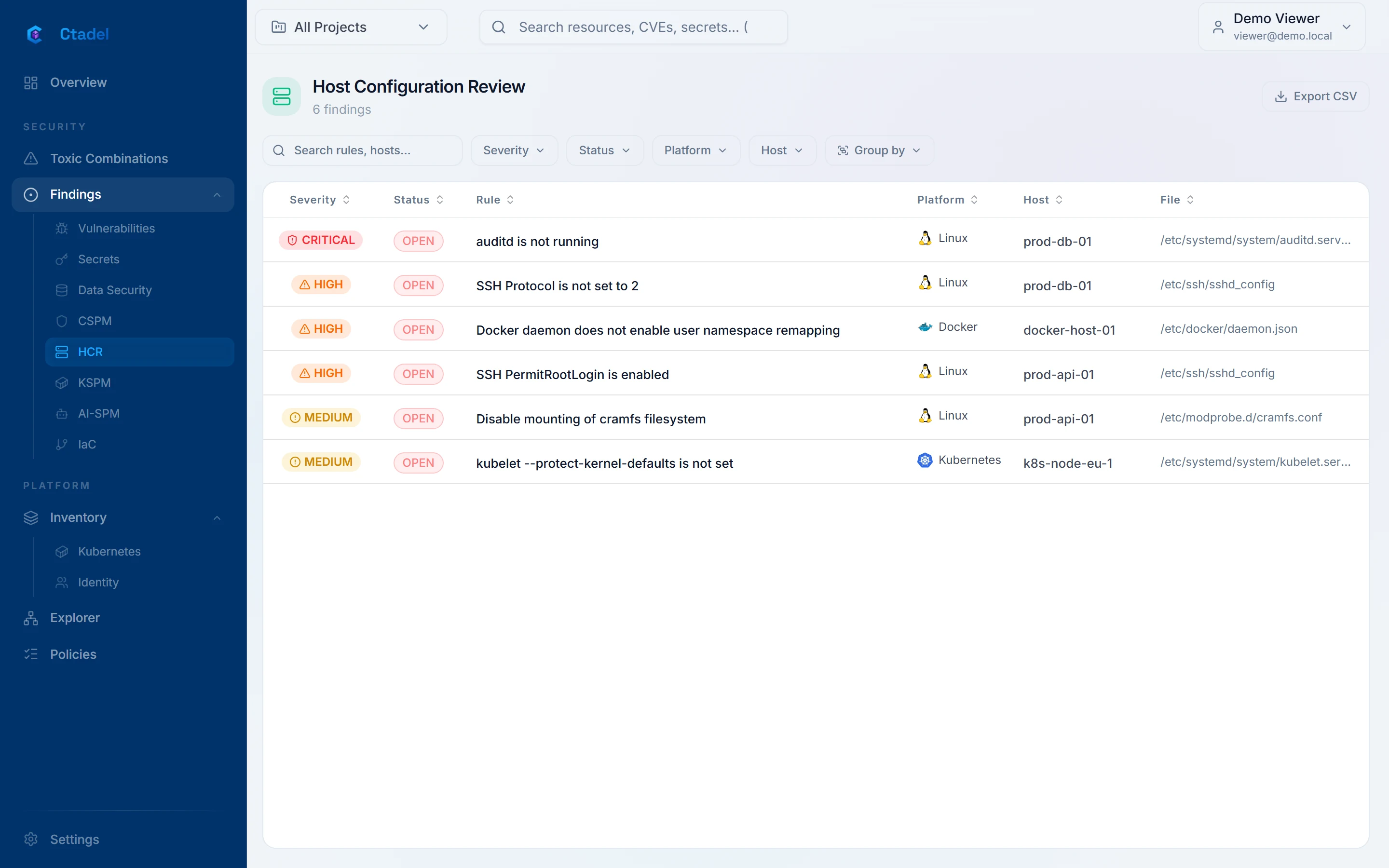 The Host Configuration Review page with the list of findings, their platform and their host.