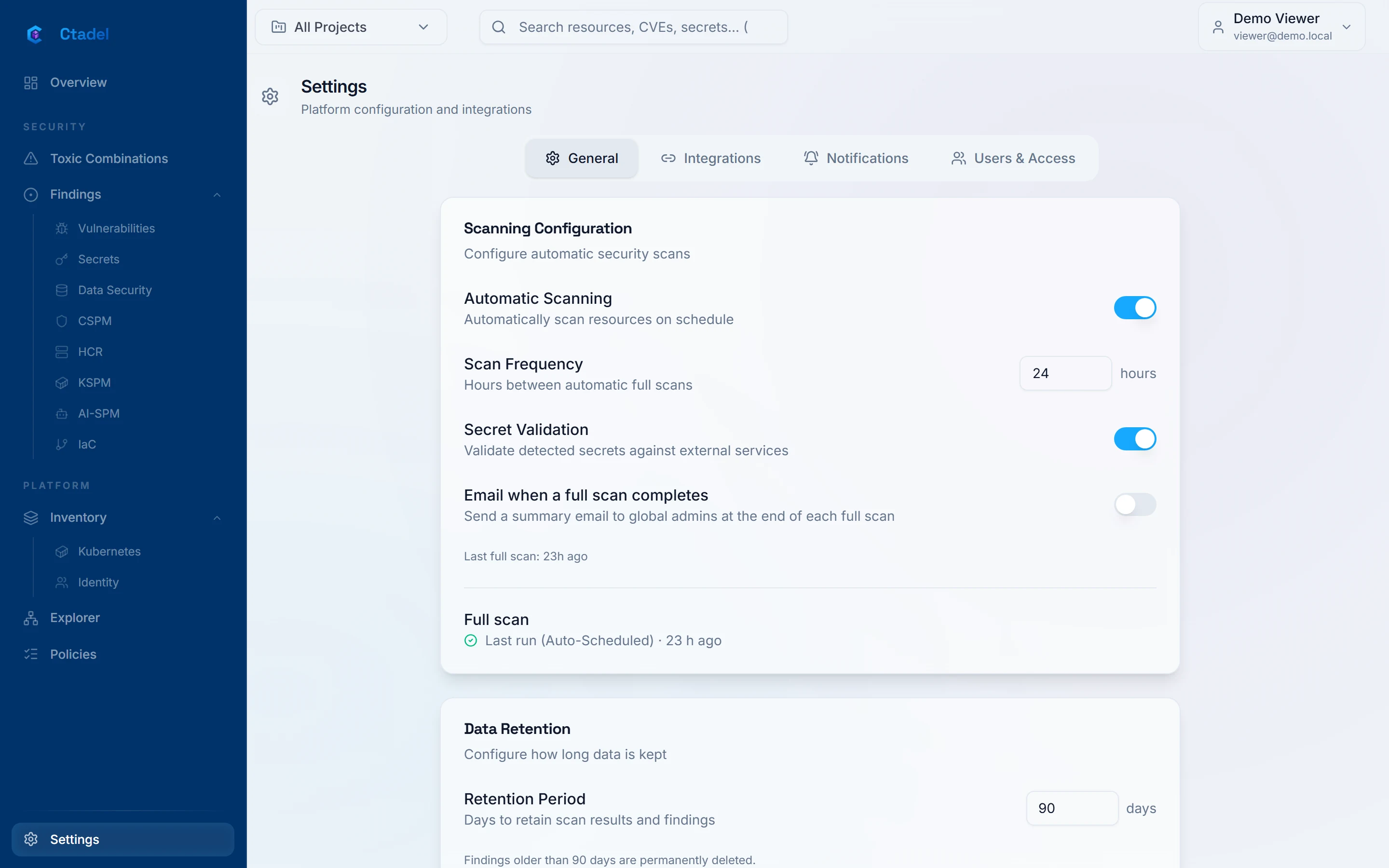 The Ctadel Settings page, General tab, with the Scanning Configuration and Data Retention cards.