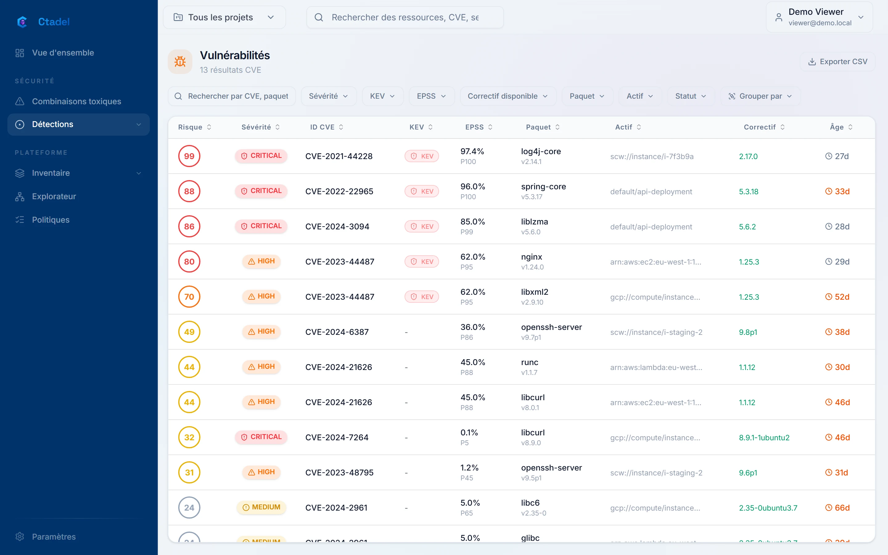 La page Vulnérabilités avec la liste des CVE, leur score de risque, leur paquet et leur actif.